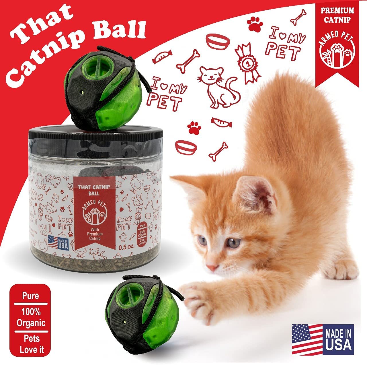 ArmedPet That Catnip Ball (Green) Toy for Cats – Easy Refill, Premium Catnip, 3D Printed, Made in Texas, USA