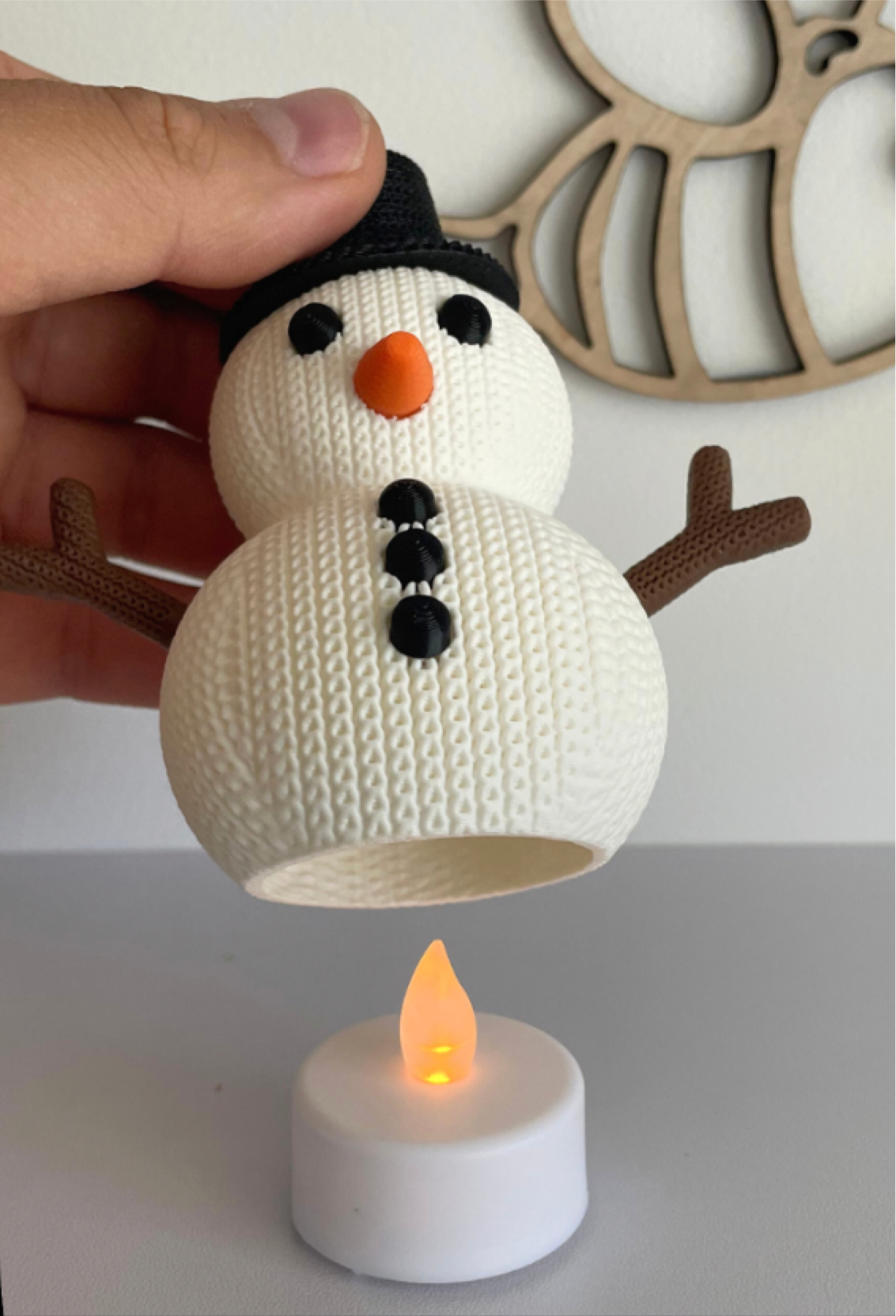 3D Printed Knitted Snowman Candle Figurine - Festive Christmas Ornament