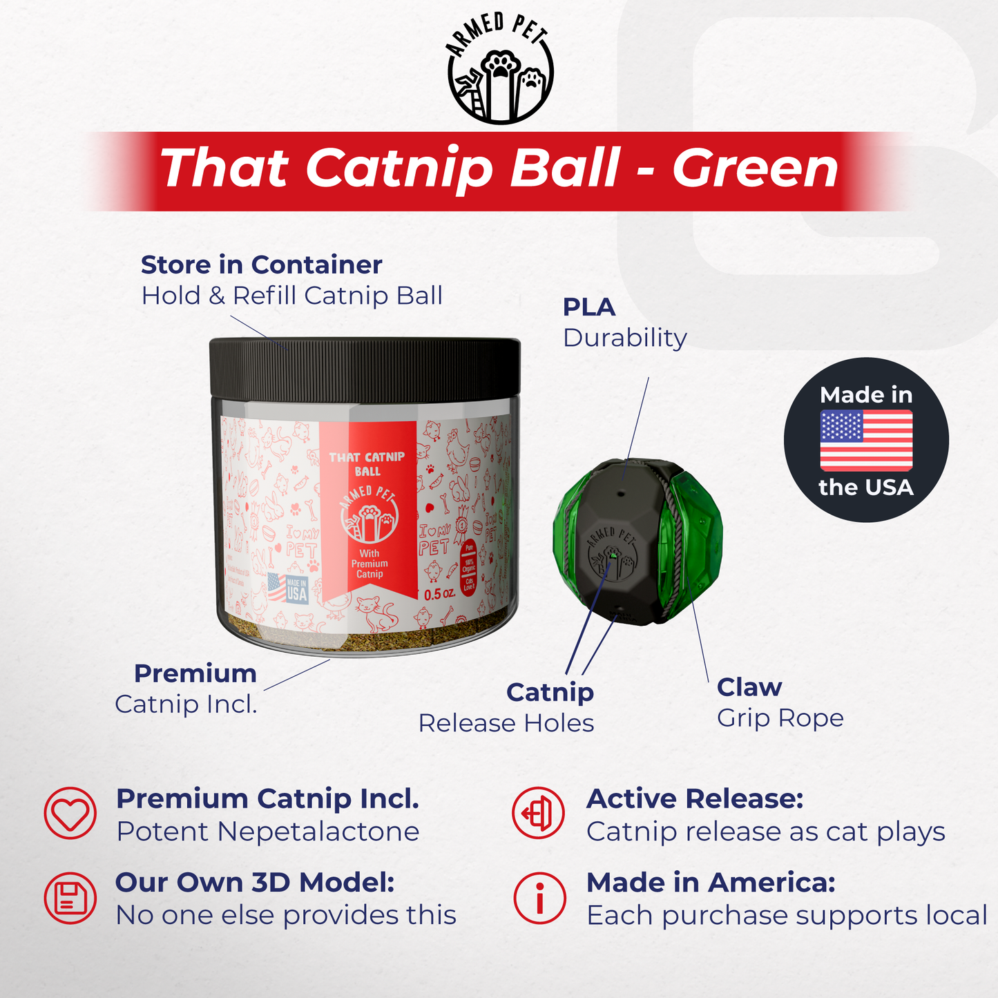 ArmedPet That Catnip Ball (Green) Toy for Cats – Easy Refill, Premium Catnip, 3D Printed, Made in Texas, USA