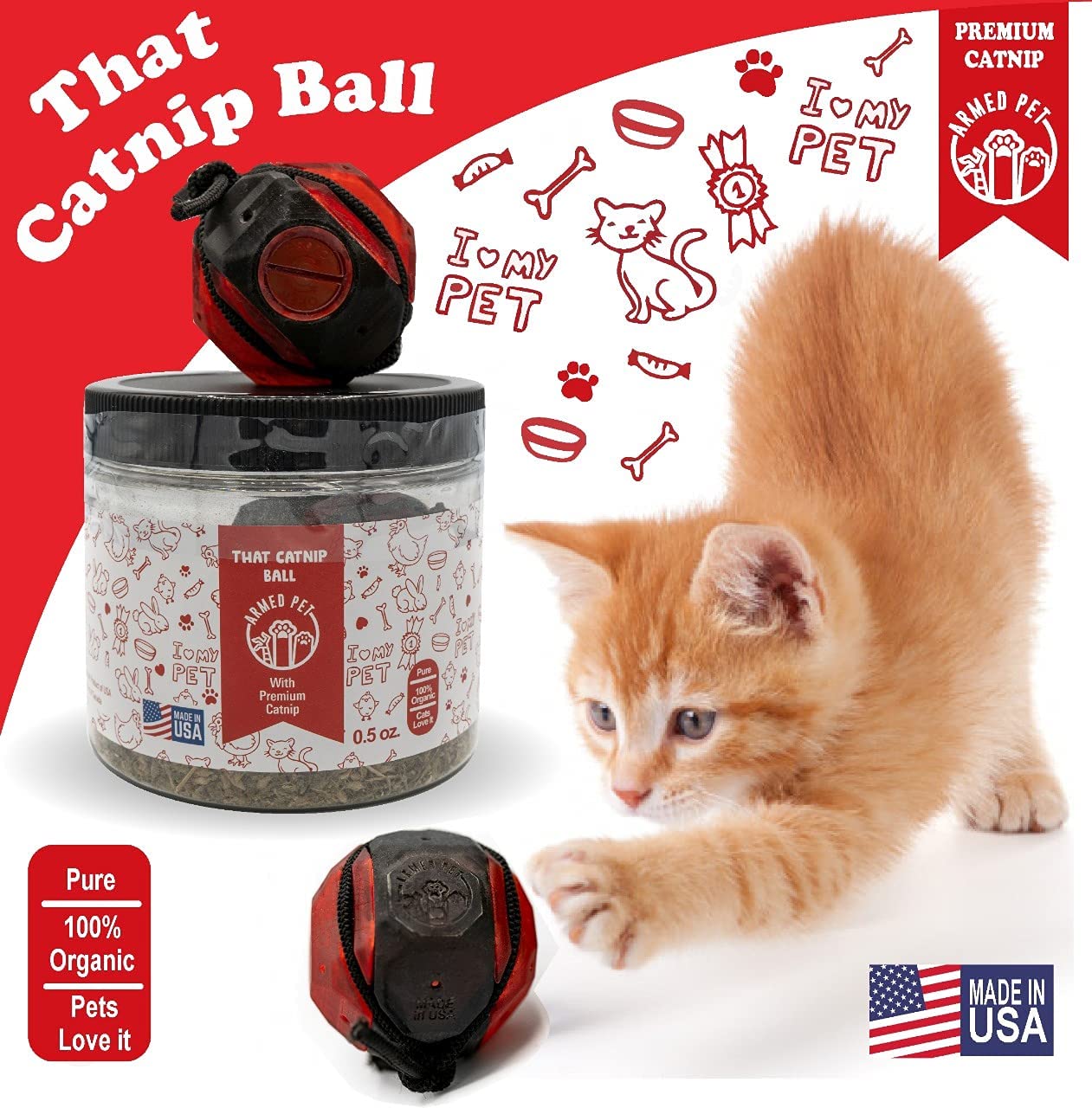 ArmedPet That Catnip Ball (Red) Toy for Cats – Easy Refill, Premium Catnip, 3D Printed, Made in Texas, USA