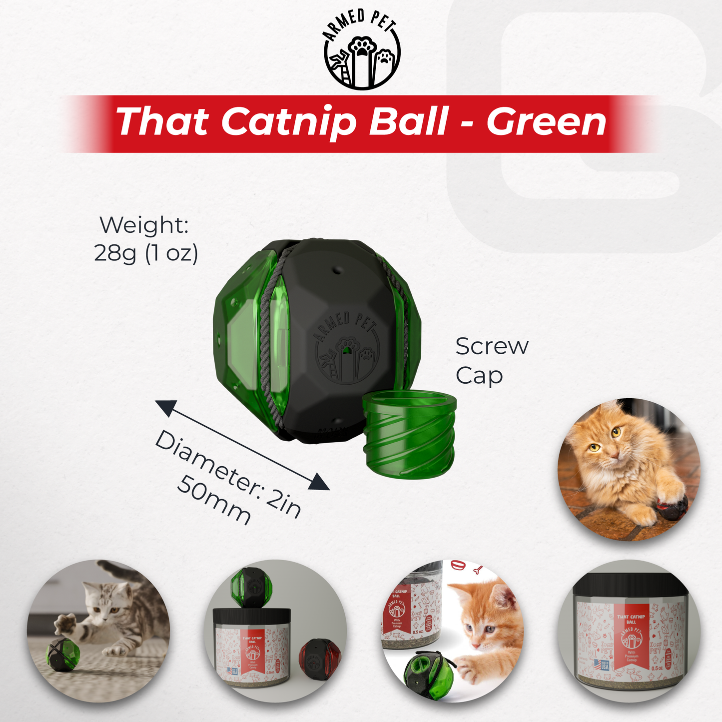 ArmedPet That Catnip Ball (Green) Toy for Cats – Easy Refill, Premium Catnip, 3D Printed, Made in Texas, USA