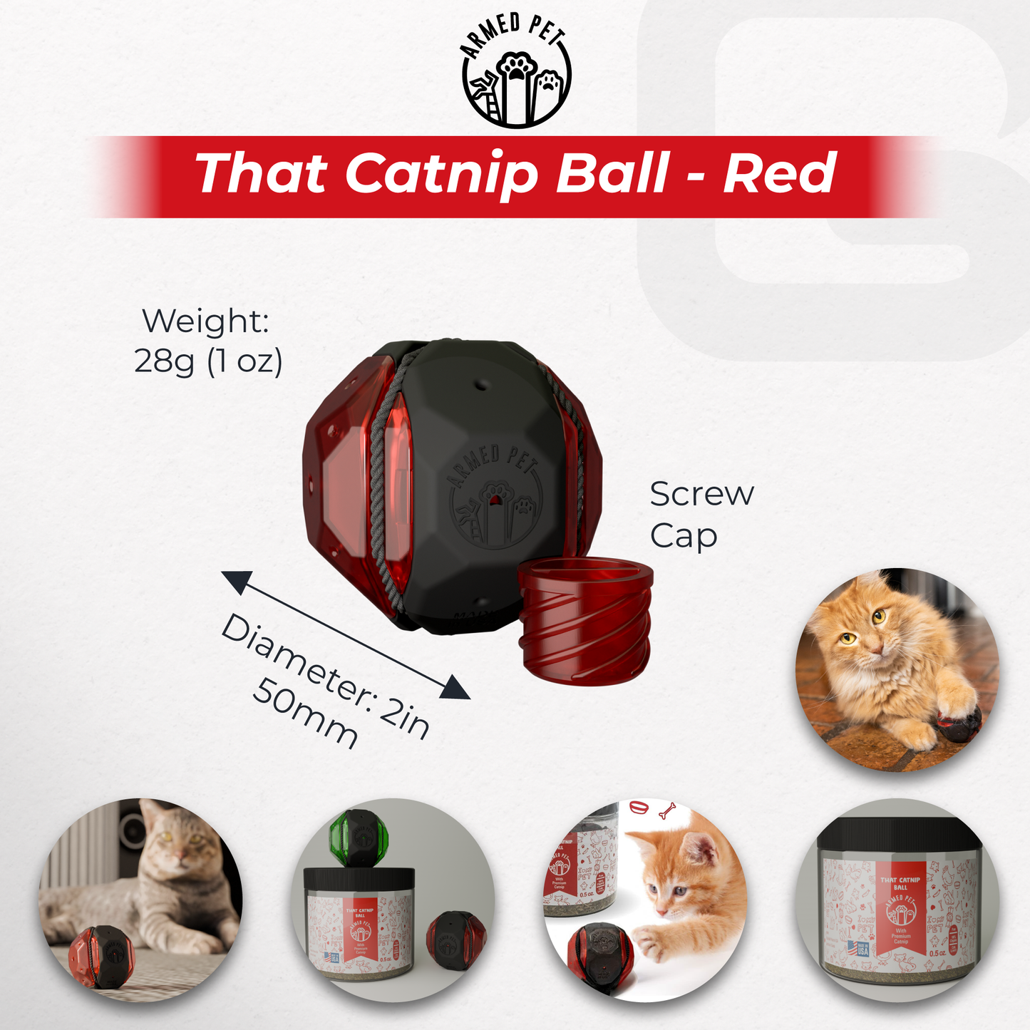 ArmedPet That Catnip Ball (Red) Toy for Cats – Easy Refill, Premium Catnip, 3D Printed, Made in Texas, USA